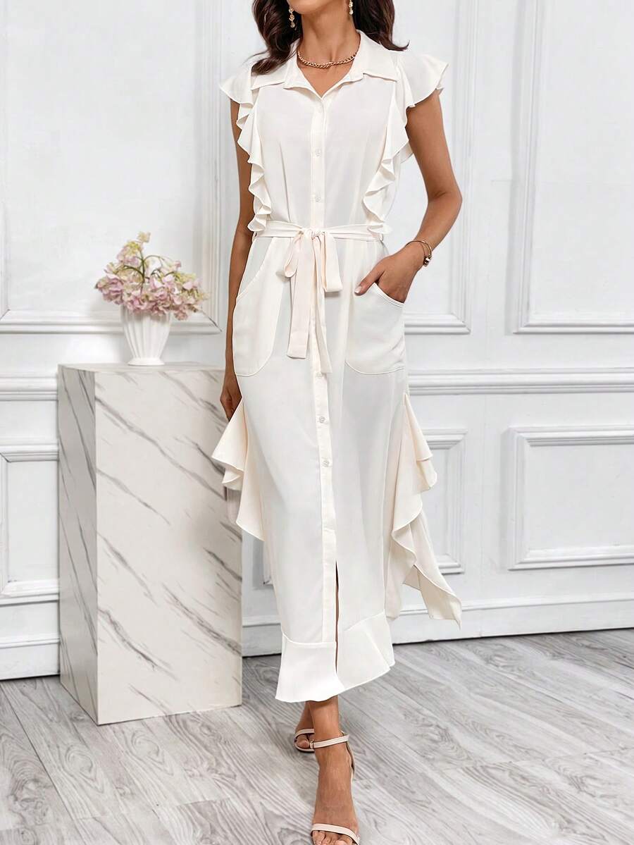 SHEIN Privé Đầm Túi Nút phía trước Thắt lưng Xù màu trơn Giải trí - trắng - Xem 1