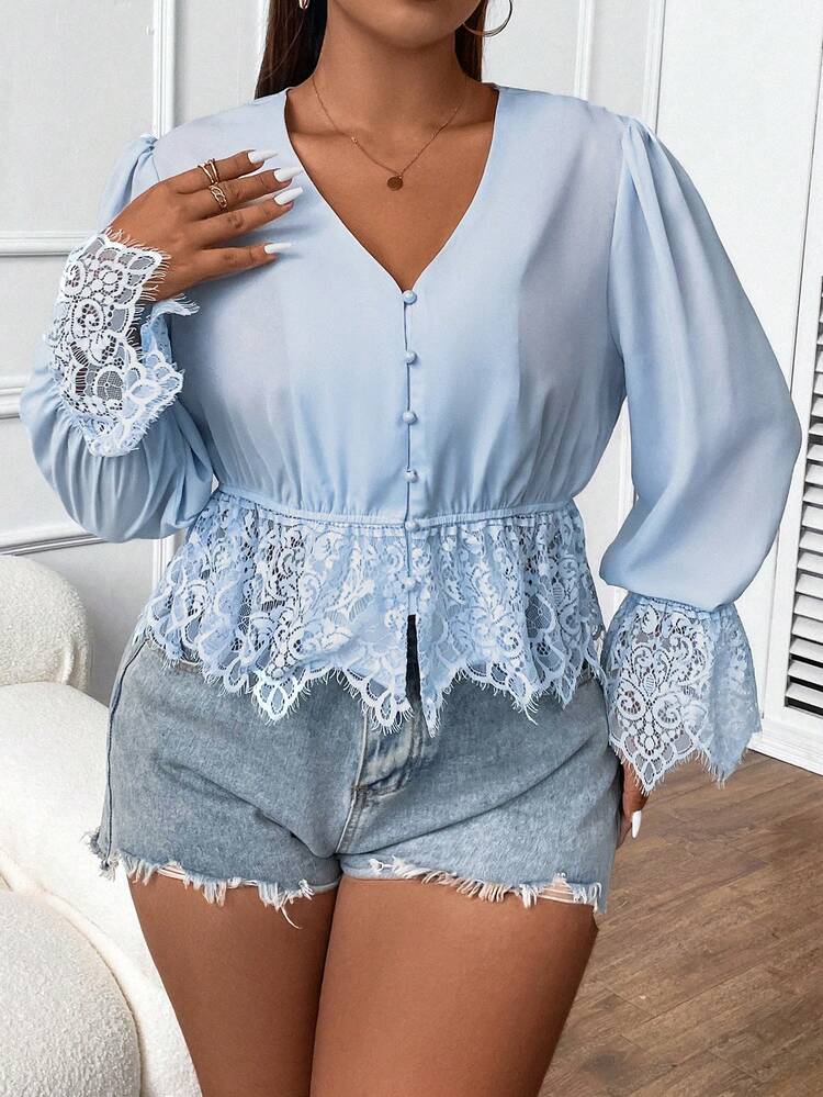 SHEIN Franclia Plus Blouse Péplum En Dentelle À Manche Évasée - Bleu ciel - Voir 7