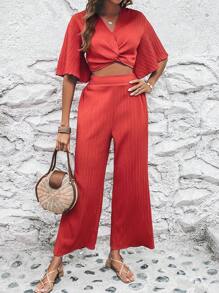 SHEIN VCAY 前扭結短款襯衫和闊腿褲 - 亮橙色 - 查看 3