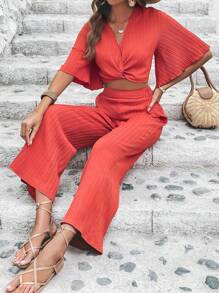 SHEIN VCAY 前扭結短款襯衫和闊腿褲 - 亮橙色 - 查看 4
