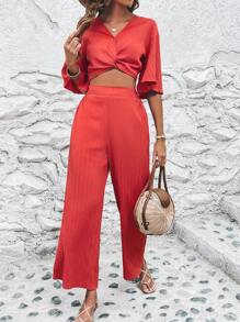 SHEIN VCAY 前扭結短款襯衫和闊腿褲 - 亮橙色 - 查看 6