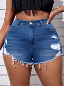 SHEIN SXY 大碼破洞毛邊牛仔短褲 - 中等水洗藍 - 查看 3