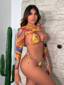 Whompie Threadz 大理石圖案掛脖三角杯比基尼泳裝附罩衫 - 彩色 - 查看 4