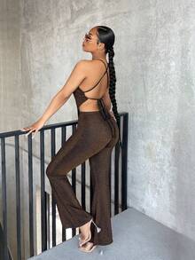 SHEIN SXY Bộ đồ hai mảnh nữ Bất đối xứng Lộ Lưng Buộc lại màu trơn Gợi cảm - màu nâu - Xem 2