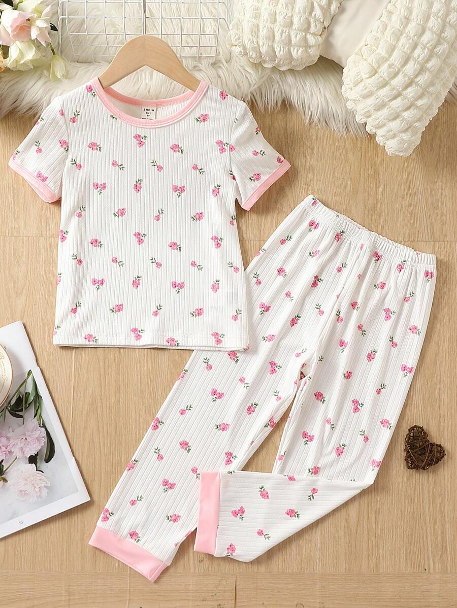 Toddler Girls Ditsy Floral Print Contrast Binding PJ Set - White - View 1