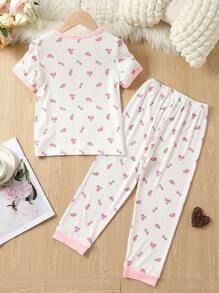 Toddler Girls Ditsy Floral Print Contrast Binding PJ Set - White - View 2
