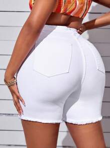SHEIN SXY 大码破洞下摆牛仔短裤女士夏季服装节日服装优雅休闲骑行短裤 - 白色 - 查看 2