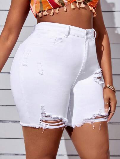 SHEIN SXY Plus Size Ripped Raw Hem Denim Shorts Autumn Outfits For Women Festival Outfits Elegant Casual Biker Shorts
