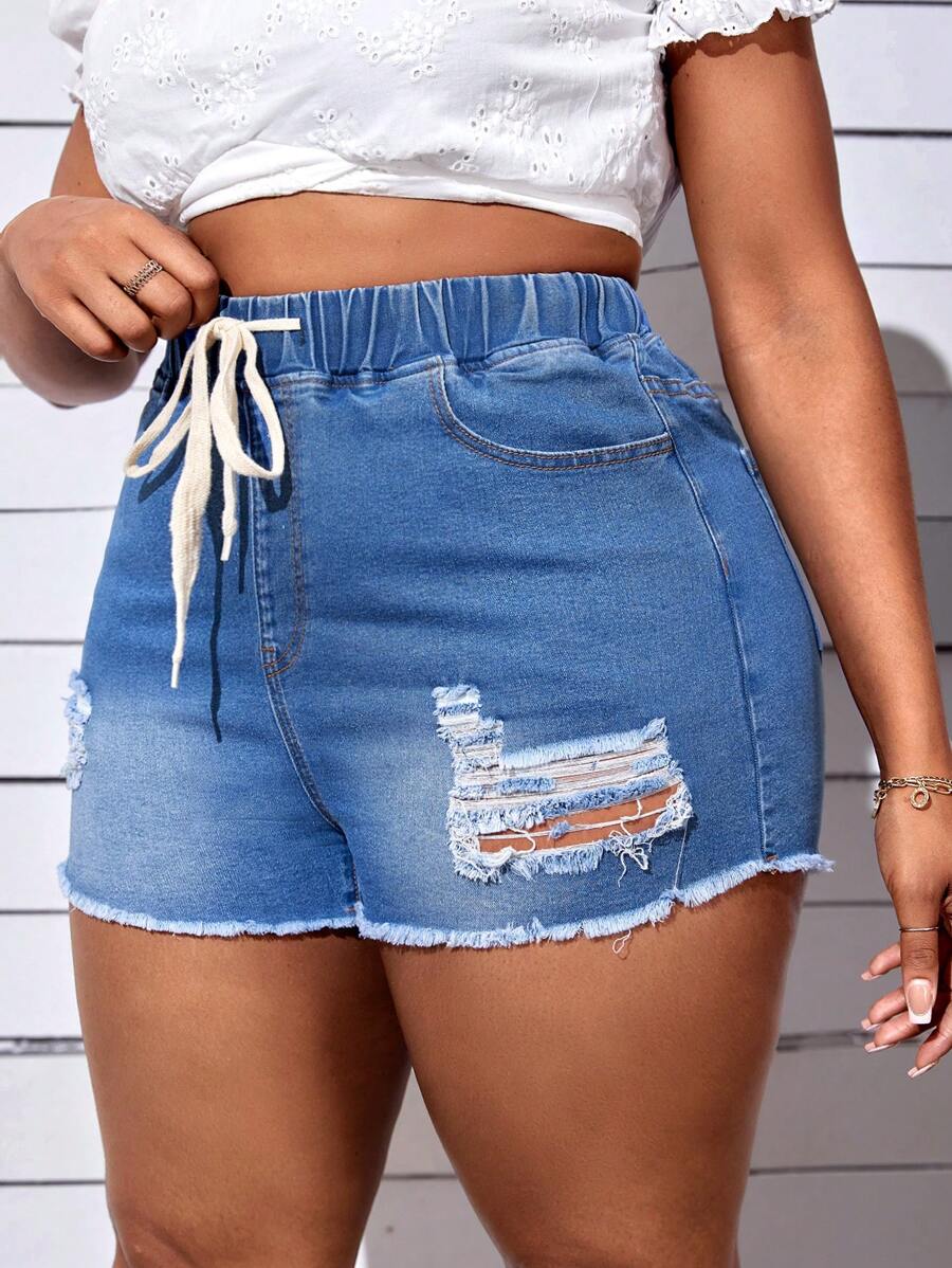 SHEIN SXY 大碼腰部抽繩破洞毛邊牛仔短褲 - 中等水洗藍 - 查看 1
