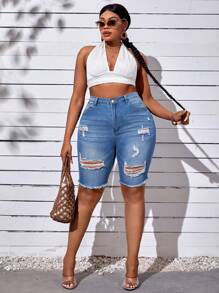 SHEIN SXY Plus Ripped Raw Hem Denim Shorts