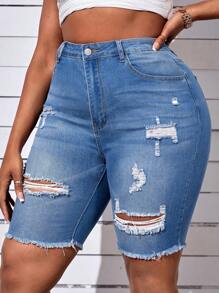 SHEIN SXY Plus Ripped Raw Hem Denim Shorts