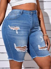 SHEIN SXY Plus Ripped Raw Hem Denim Shorts