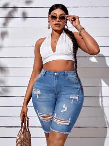 SHEIN SXY Plus Ripped Raw Hem Denim Shorts