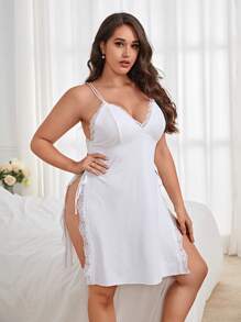 Plus Contrast Lace Split Thigh Cami Nightdress - White - View 1