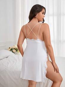 Plus Contrast Lace Split Thigh Cami Nightdress - White - View 2