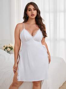 Plus Contrast Lace Split Thigh Cami Nightdress - White - View 3