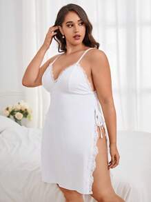 Plus Contrast Lace Split Thigh Cami Nightdress - White - View 4