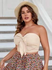 SHEIN áo nữ kích thước lớn Thắt nút Dải chun màu trơn Boho - Màu be - Xem 3