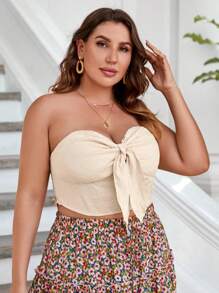 SHEIN áo nữ kích thước lớn Thắt nút Dải chun màu trơn Boho - Màu be - Xem 4