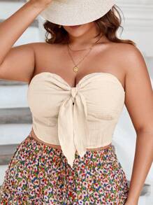 SHEIN áo nữ kích thước lớn Thắt nút Dải chun màu trơn Boho - Màu be - Xem 5