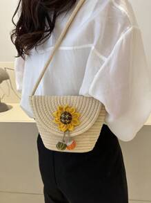 休閒簡約風多用途花朵圖案斜挎包 - 米色 - 查看 2