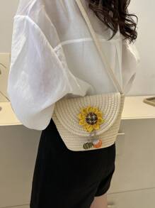 休閒簡約風多用途花朵圖案斜挎包 - 米色 - 查看 3