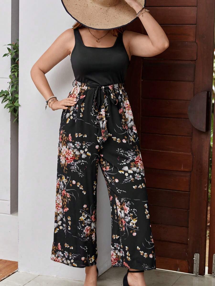 SHEIN LUNE 大碼印花腰帶闊腿連體褲 - 黑色 - 查看 1