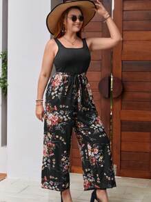 SHEIN LUNE 大碼印花腰帶闊腿連體褲 - 黑色 - 查看 3