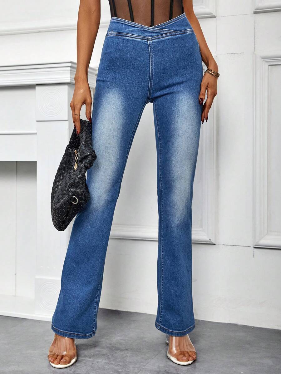 SHEIN Essnce Quần jean nữ Dây kéo màu trơn - Rửa tối - Xem 1
