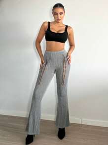 SHEIN SXY Quần nữ Cắt ra màu trơn Gợi cảm - Xám - Xem 3