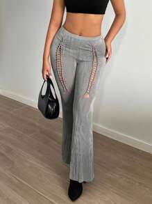 SHEIN SXY Quần nữ Cắt ra màu trơn Gợi cảm - Xám - Xem 6