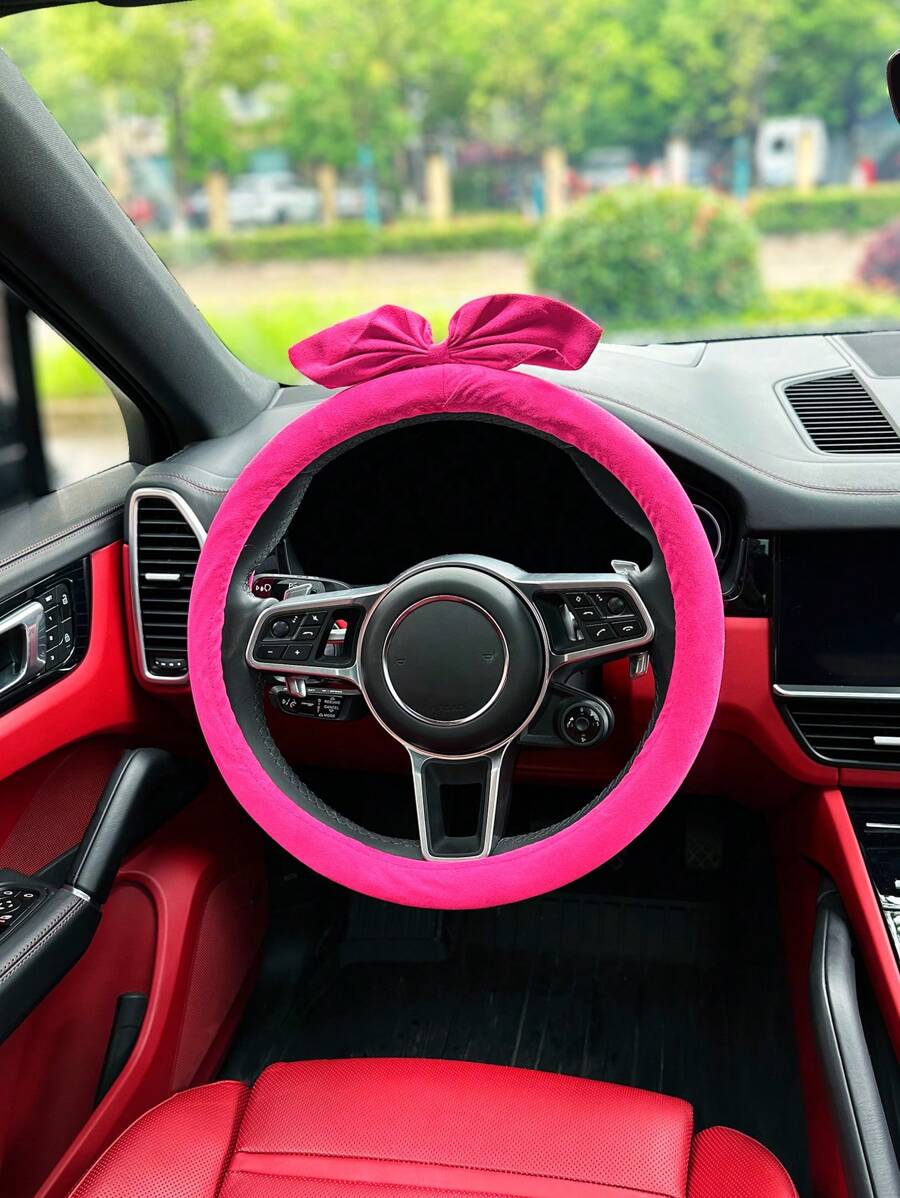 粉色蝴蝶結汽車方向盤套 - 粉色 - 查看 1