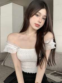 Top crop unicolor ribete con fruncido con encaje - Blanco - Ver 1