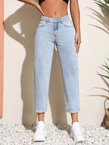 SHEIN Unity Solid Mom Fit Jeans - Blue - View 1