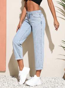 SHEIN Unity Solid Mom Fit Jeans - Blue - View 3