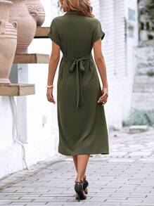 SHEIN Clasi Đầm xoắn lại màu trơn Giải trí - xanh quân đội - Xem 2