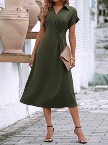 SHEIN Clasi Đầm xoắn lại màu trơn Giải trí - xanh quân đội - Xem 3