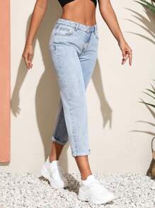 SHEIN Unity Solid Mom Fit Jeans - Blue - View 4