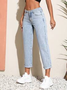 SHEIN Unity Solid Mom Fit Jeans - Blue - View 5