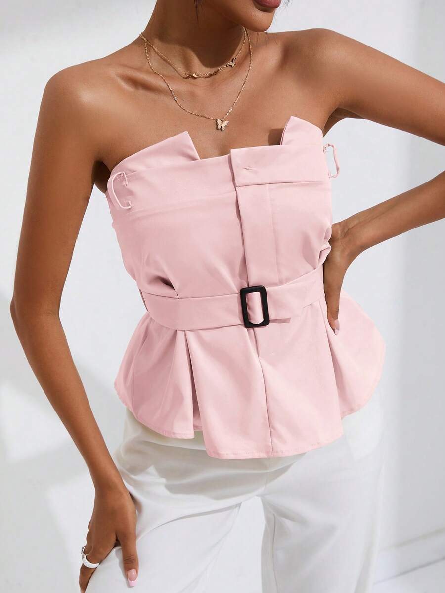 SHEIN Privé Áo nữ Thắt lưng màu trơn Giải trí - Hồng - Xem 1