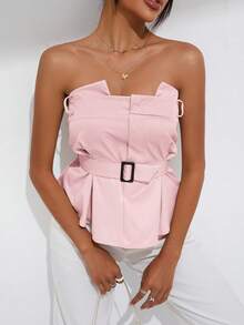 SHEIN Privé Áo nữ Thắt lưng màu trơn Giải trí - Hồng - Xem 4