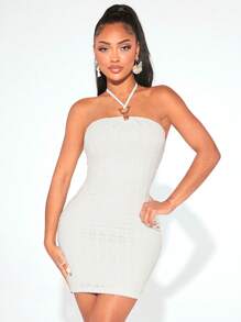 SHEIN SXY Đầm Lộ Lưng Nhẫn Buộc lại màu trơn Gợi cảm - trắng - Xem 5