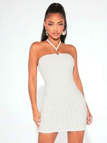 SHEIN SXY Đầm Lộ Lưng Nhẫn Buộc lại màu trơn Gợi cảm - trắng - Xem 4