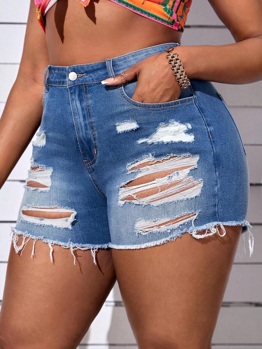 SHEIN SXY 大碼破洞毛邊牛仔短褲 - 中等水洗藍 - 查看 1