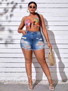 SHEIN SXY 大碼破洞毛邊牛仔短褲 - 中等水洗藍 - 查看 6