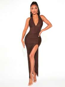 SHEIN SXY Solid Ruched Split Thigh Backless Halter Dress - Chocolate Brown - View 1