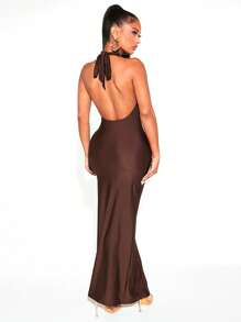 SHEIN SXY Solid Ruched Split Thigh Backless Halter Dress - Chocolate Brown - View 2