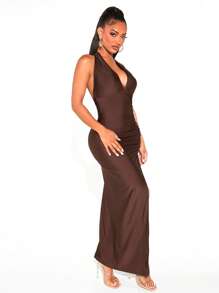 SHEIN SXY Solid Ruched Split Thigh Backless Halter Dress - Chocolate Brown - View 3