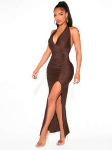 SHEIN SXY Solid Ruched Split Thigh Backless Halter Dress - Chocolate Brown - View 4