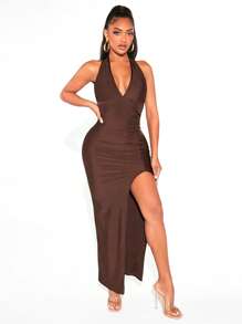 SHEIN SXY Solid Ruched Split Thigh Backless Halter Dress - Chocolate Brown - View 5